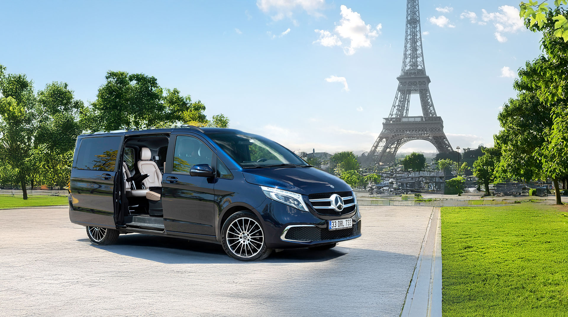 Mercedes Benz V-Class luxury minivan near Eiffel Tower - Easy Go Shuttle private transfers in Paris